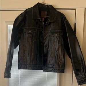 GAP Black Leather Bomber Jacket with Button Front